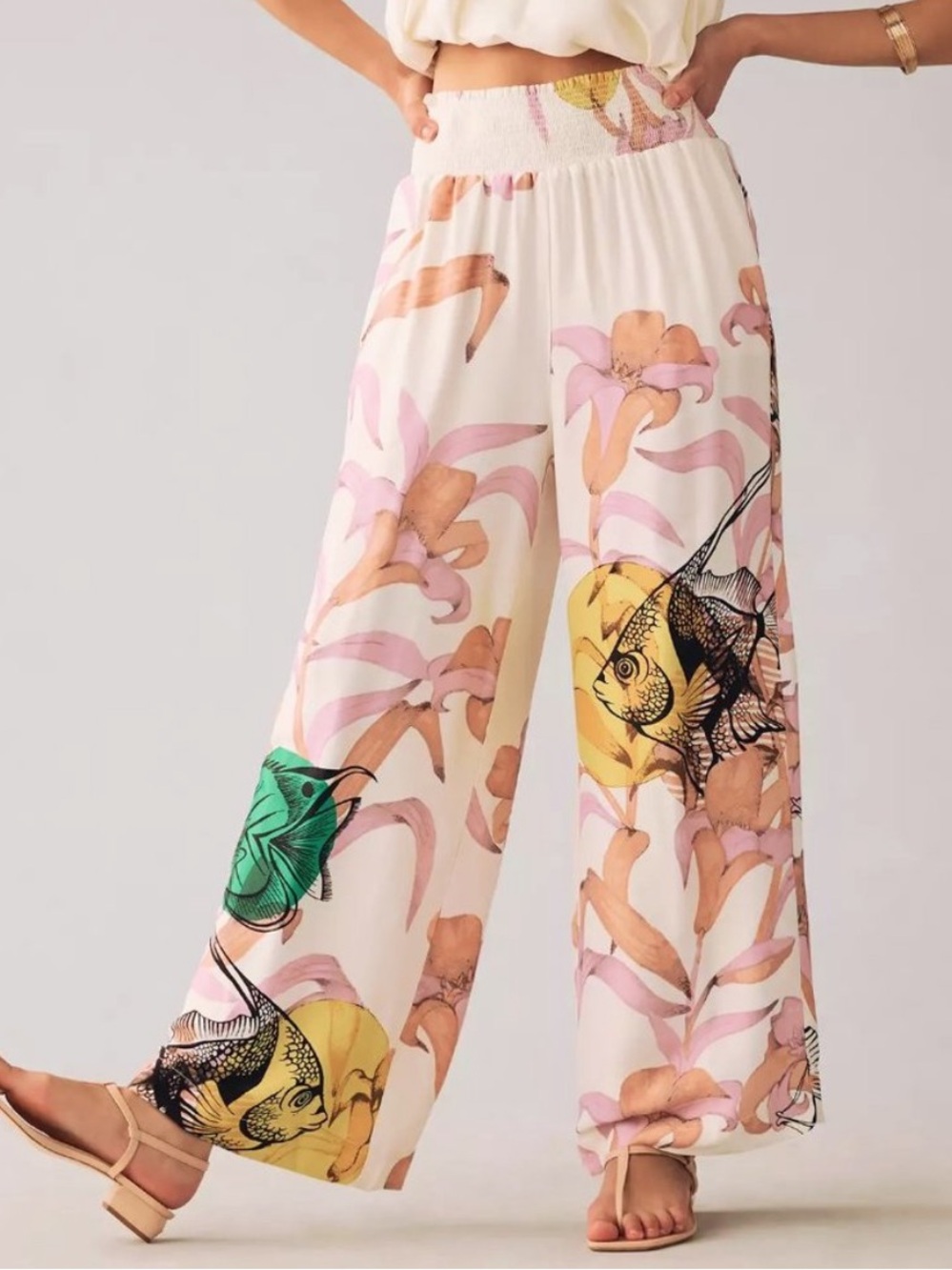 Anthropologie Pia Binazzi Graphic Floral Wide-Leg Pants Fish Floral Xsmall